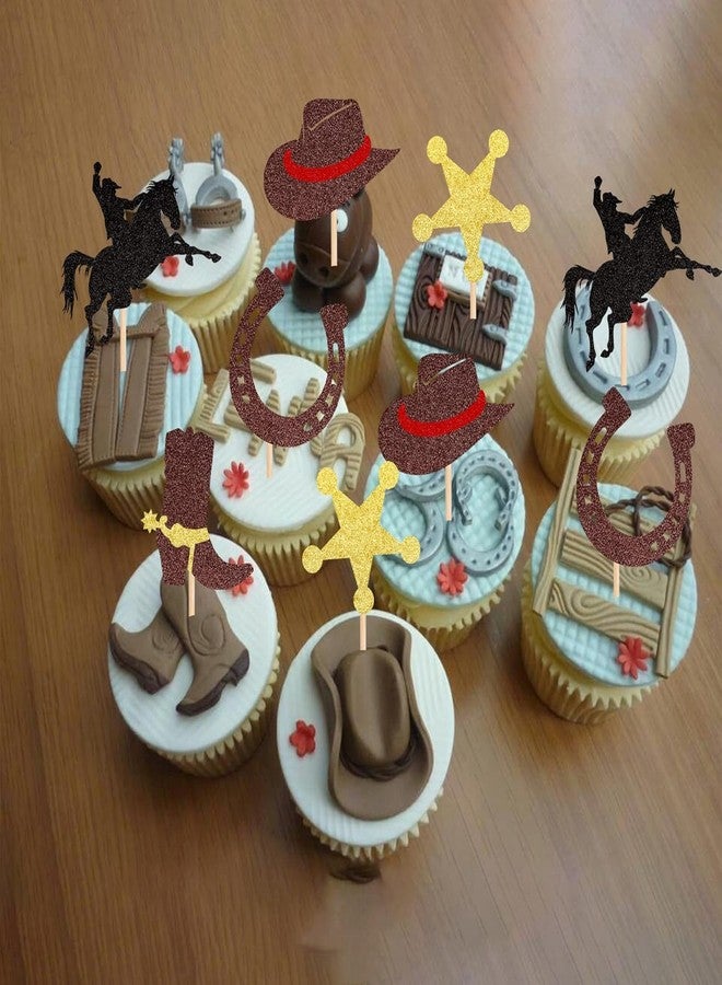 Confetti 25 PCS Cowboy Cupcake Toppers Glitter HorseShoe Cowboy Hats Boots Cupcake Picks Western Theme Baby Shower Birthday Party Cake Decorations Supplies - Image 4